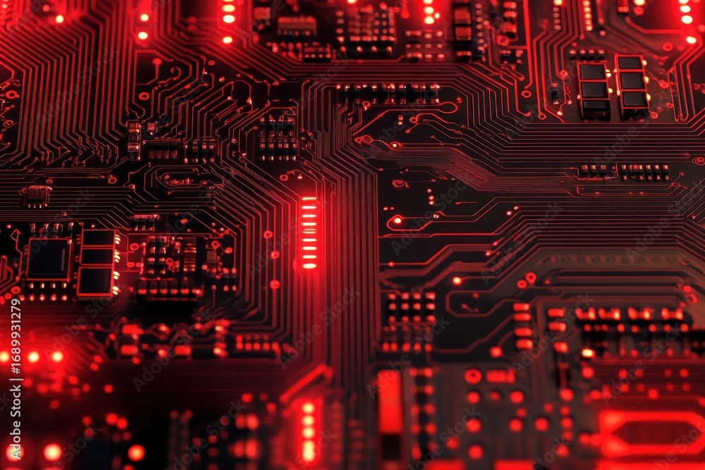 Poster close-up view of a red illuminated electronic printed circuit board with various microchips and intr