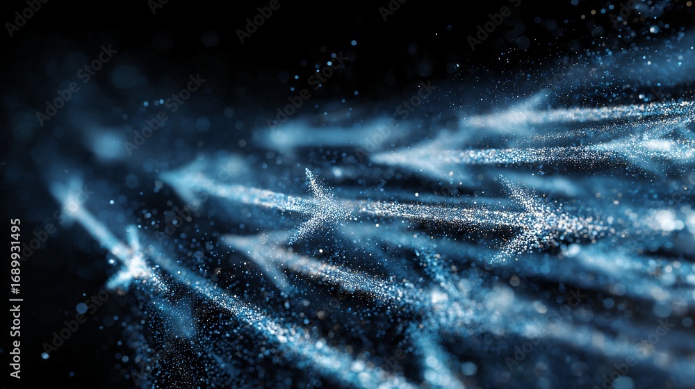Poster a dynamic arrangement of light blue arrow shapes sparkles against dark backdrop; visual journey.