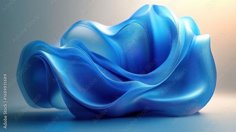 Poster smooth flowing blue fabric or material shaped in elegant curves with soft lighting creating a calm a