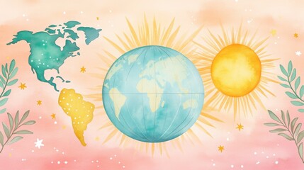 Watercolor Earth and Sun Illustration with Pink Background