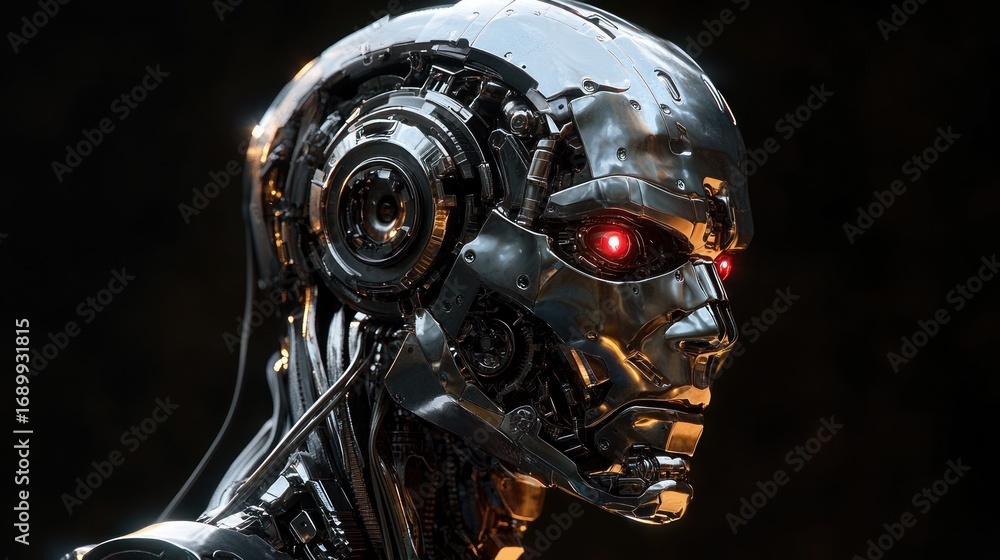 Aufkleber close-up view of a futuristic metallic robot head with intricate mechanical details and glowing red 