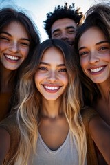 Fototapeta premium Four young adults smiling happily in a close-up selfie outdoors with natural lighting and a joyful atmosphere