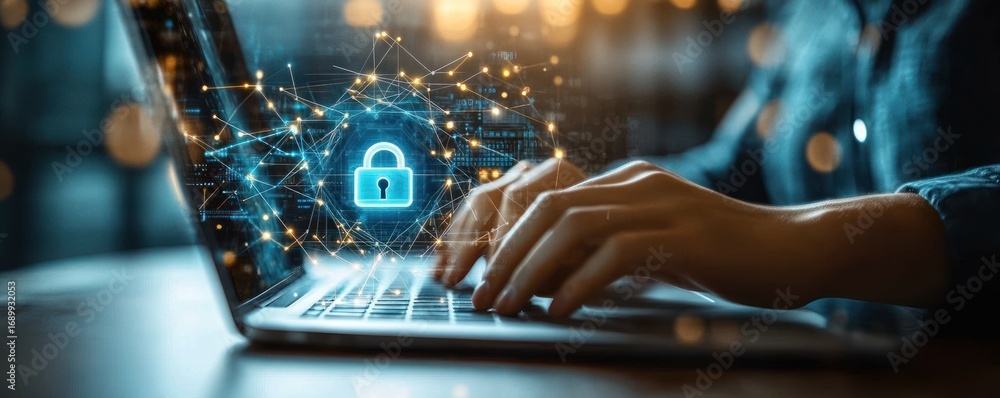 Poster person typing on laptop with digital security lock icon and network connections symbolizing online d