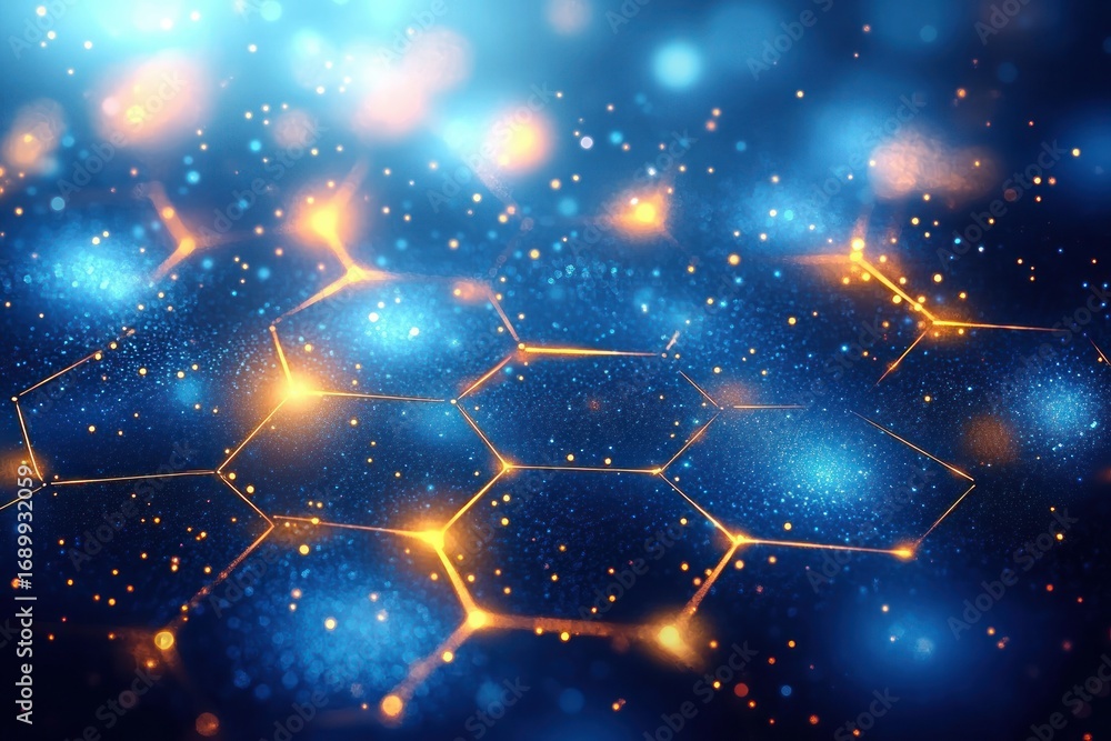 Poster abstract glowing blue and orange hexagonal grid with bright particles and light effects on a dark ba