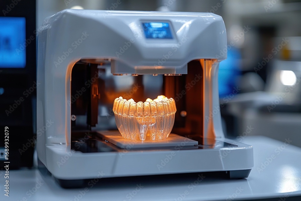 Poster modern 3d printer creating a translucent dental mold with bright internal illumination in a clean la