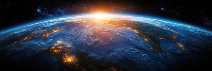 View of Earth from space showing the curvature of the planet with a sunrise on the horizon and city lights glowing on the darkened surface under a starry sky