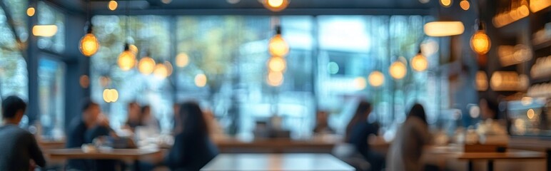 Blurred image of people sitting and socializing in a warm, softly lit modern cafe with large windows and hanging lights creating a cozy, relaxed atmosphere