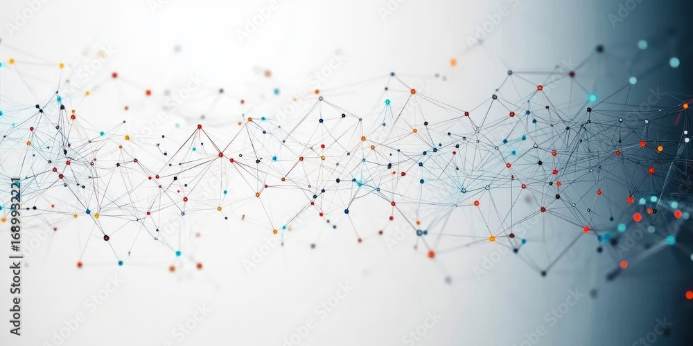 Fototapete abstract digital network structure with interconnected nodes and lines in various colors on a gradie