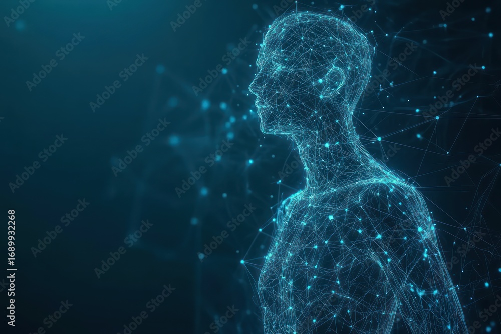 Poster digital wireframe human figure composed of glowing interconnected blue nodes and lines on dark backg