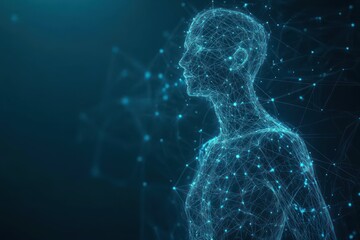 Digital wireframe human figure composed of glowing interconnected blue nodes and lines on dark background representing technology and connectivity