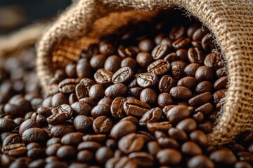 Fototapeta premium Close-up of roasted coffee beans spilling out of a burlap sack, showcasing rich texture and warm tones evoking a cozy and inviting atmosphere