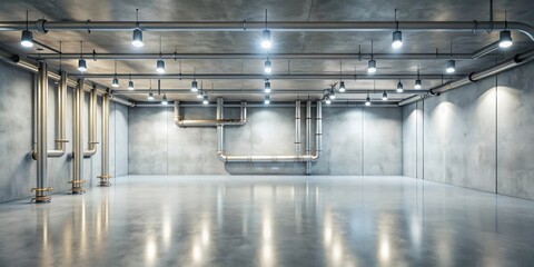 Industrial Interior Design Polished Concrete Floor and Exposed Metallic Piping with Recessed Lighting