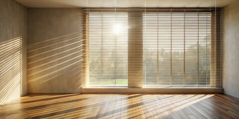 Warm Sunlight Streaming Through Venetian Blinds Illuminates Empty Room with Hardwood Floor