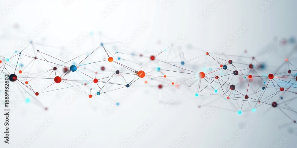 Fototapete abstract network of interconnected multicolored spheres and lines representing complex data or molec