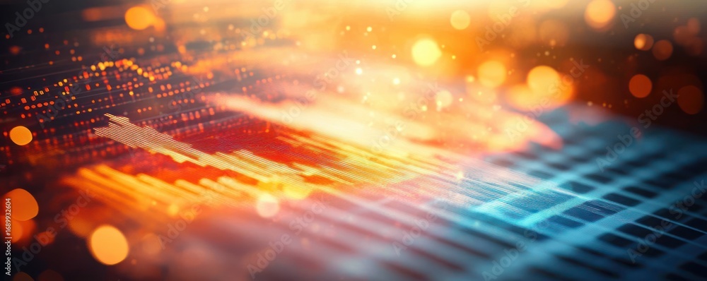 Fototapete abstract visualization of data streams with glowing orange and blue digital waveforms and light boke