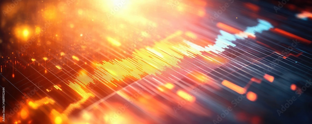 Poster abstract digital data visualization with glowing orange and blue light effects representing dynamic 