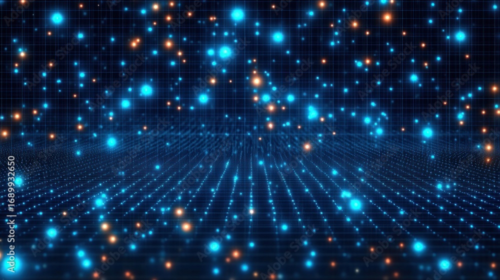 Poster digital grid landscape with glowing blue and orange data points floating in a dark virtual space, re