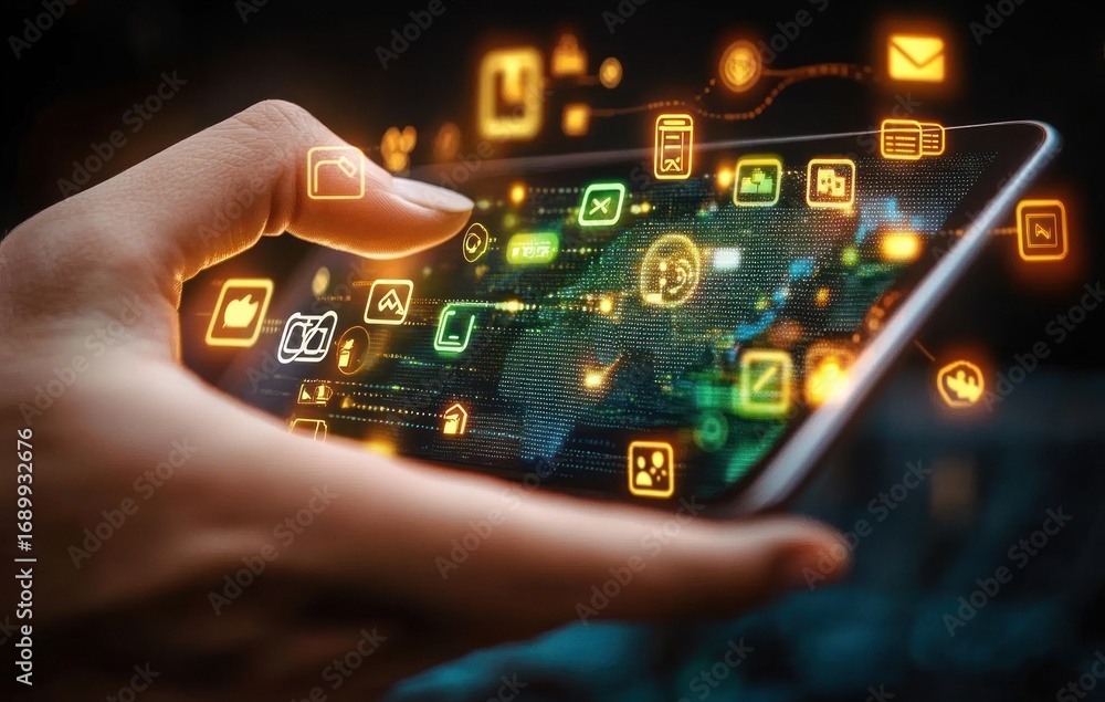 Poster human hand interacting with a digital transparent smartphone displaying floating glowing app icons a