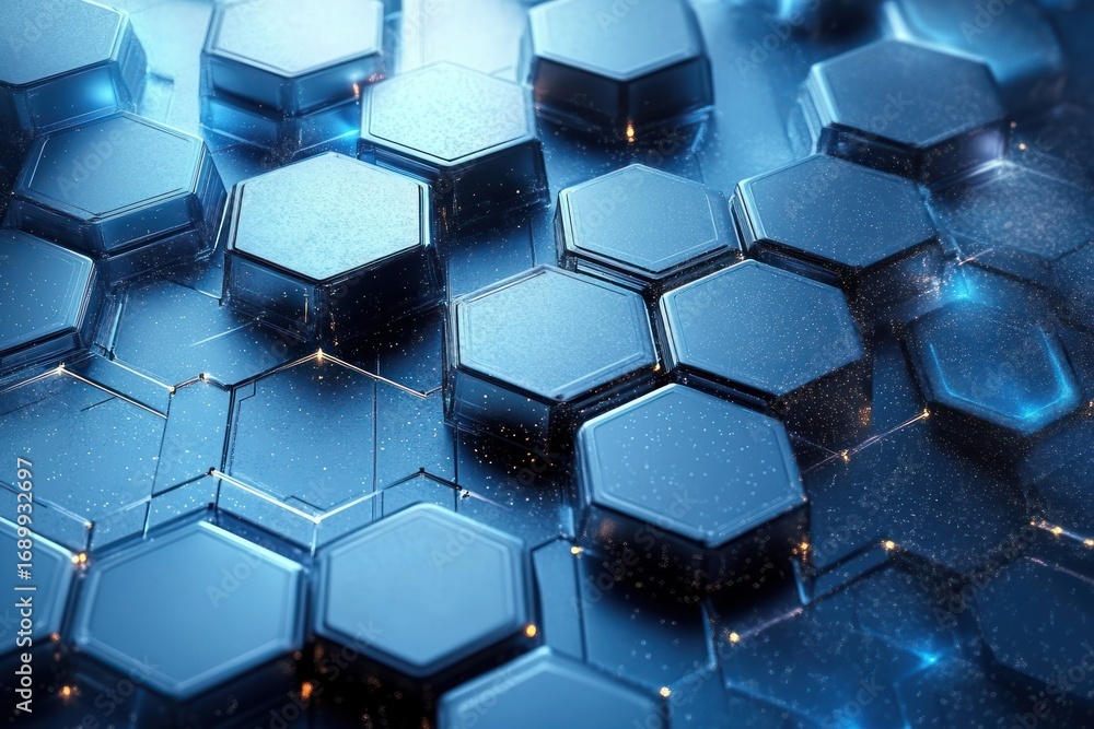 Aufkleber gleaming metallic hexagonal tiles arranged in a futuristic, three-dimensional pattern with glowing o
