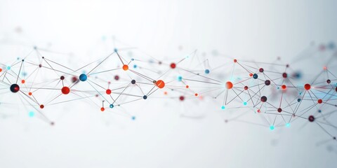 Abstract network of interconnected multicolored spheres and lines representing complex data or molecular structure on a blurred white background