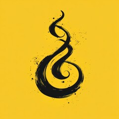 Abstract black swirling brushstroke forming a fluid shape with splatters on bright yellow background expressing dynamic movement and creativity