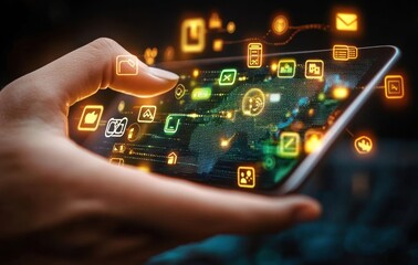 Human hand interacting with a digital transparent smartphone displaying floating glowing app icons and holographic data