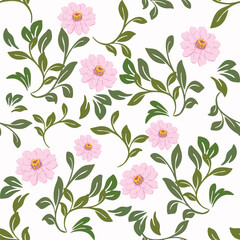 Pastel Pink Floral Vector with Green Leaves on White Background – Bright Elegant Botanical Seamless Pattern for Fabric, Wallpaper, Textile Design, Decorative Art, Modern Background .