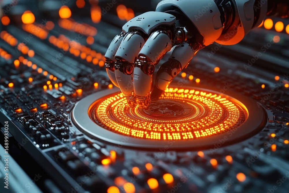 Poster futuristic robotic hand interacting with an illuminated circular interface on a high-tech electronic