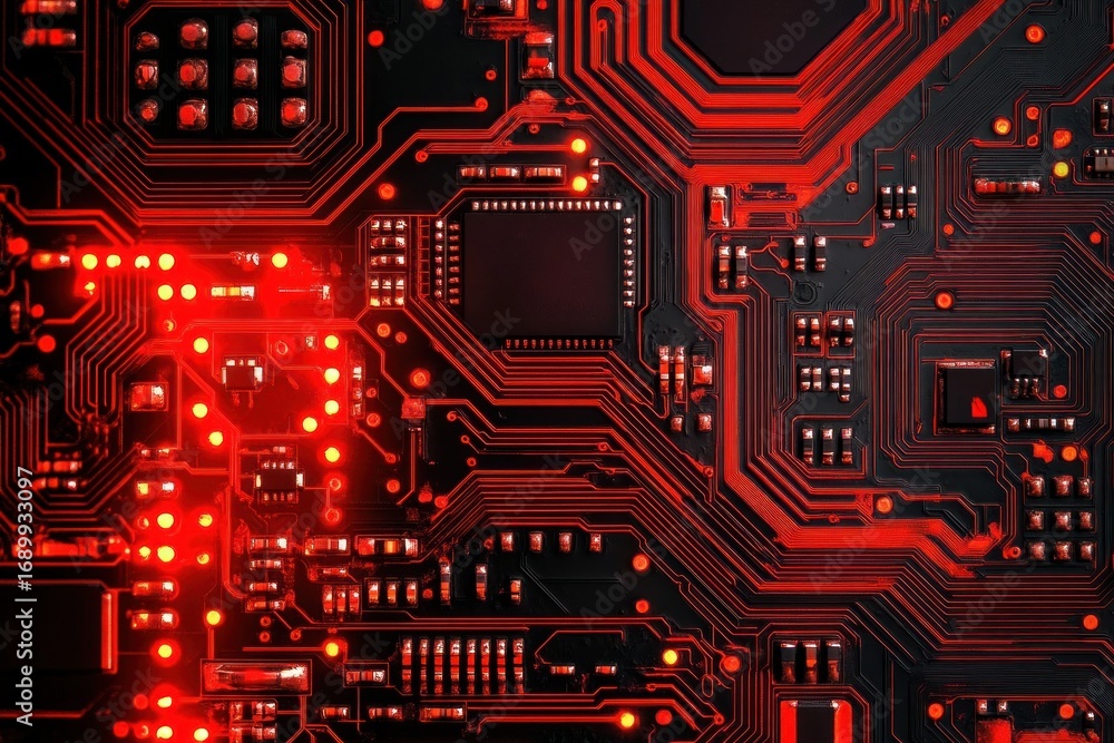 Poster close-up view of a black circuit board with numerous microscopic components and bright red led light