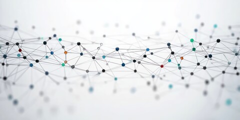 Abstract interconnected network of multicolored nodes linked by thin lines on a light background representing communication and connectivity