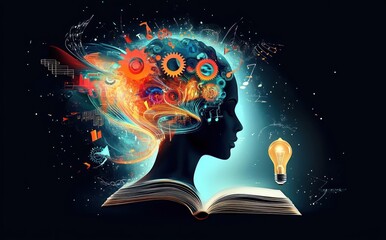 Silhouette of a person with colorful gears, musical notes, and abstract elements emerging from the head connected to an open book and glowing lightbulb symbolizing creativity and knowledge