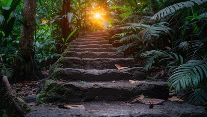Stone steps ascend through a lush, tropical forest, bathed in sunlight