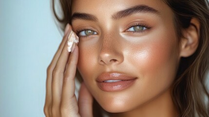 Close-up portrait of a woman applying cream to her face with glowing smooth skin and serene expression