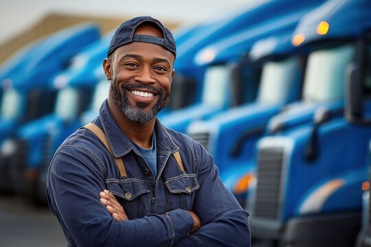 Smiling man wearing denim jacket and backwards cap standing confidently with crossed arms in front of a row of blue trucks