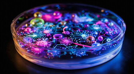 Glowing Petri dish overflowing with vibrant abstract representations of scientific concepts.
