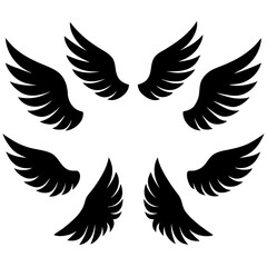 Collection of black feathered wings arranged in a circular pattern