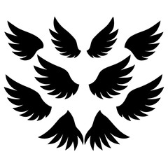 Collection of black angel wings silhouettes on white background