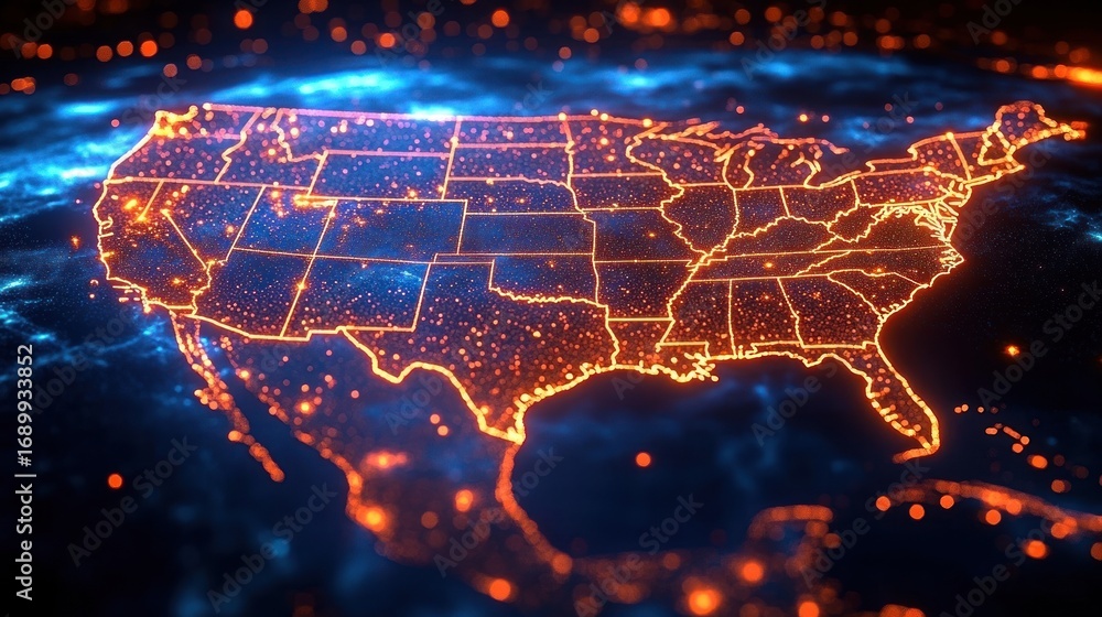 Poster glowing digital map of the united states with illuminated state boundaries and scattered bright poin
