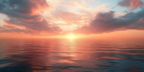 Obraz premium Calm ocean at sunset with soft pink and orange clouds reflecting on gentle water waves creating a peaceful and serene atmosphere