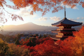 Fototapeta premium Traditional pagoda surrounded by vibrant red and orange autumn foliage with a distant mountain and cityscape under a soft glowing sky