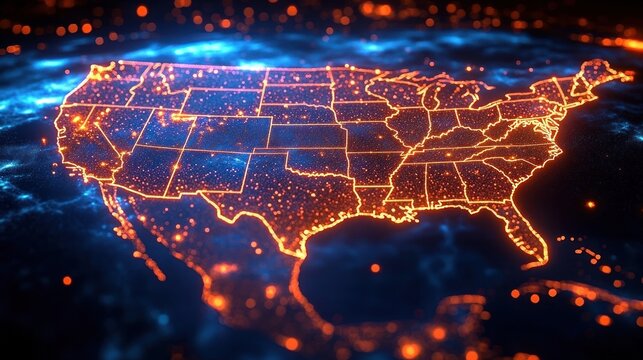 Glowing digital map of the United States with illuminated state boundaries and scattered bright points representing cities or data nodes on a dark, cosmic background