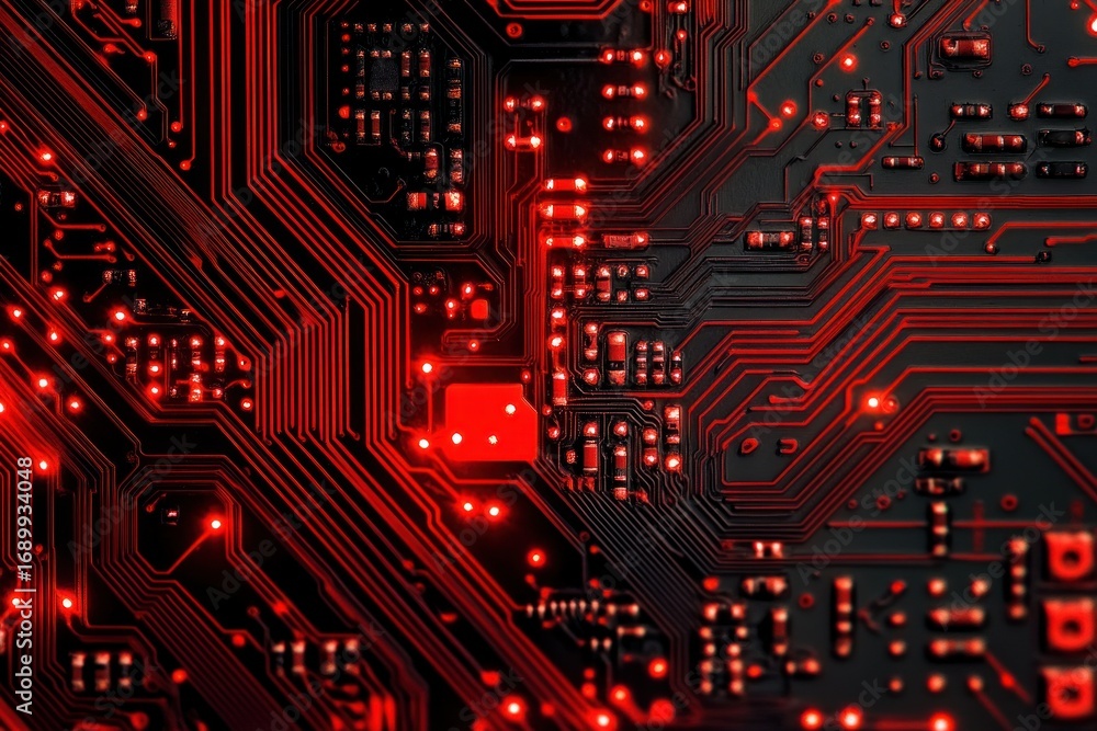Poster close-up of a black electronic circuit board with glowing red pathways and components under low ligh