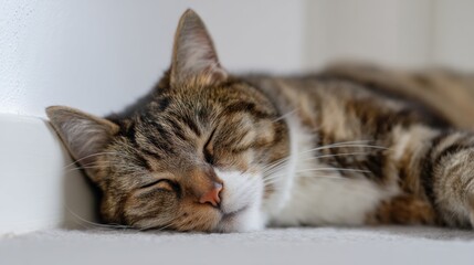 Peaceful Feline Slumber: A Tabby Cat Resting Contently in Tranquil Repose