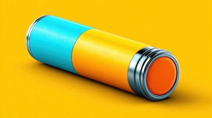 Colorful cylinder lying horizontally. It's teal on one end, amber in the middle, with orange circle at the end, outlined in silver, atop an amber background