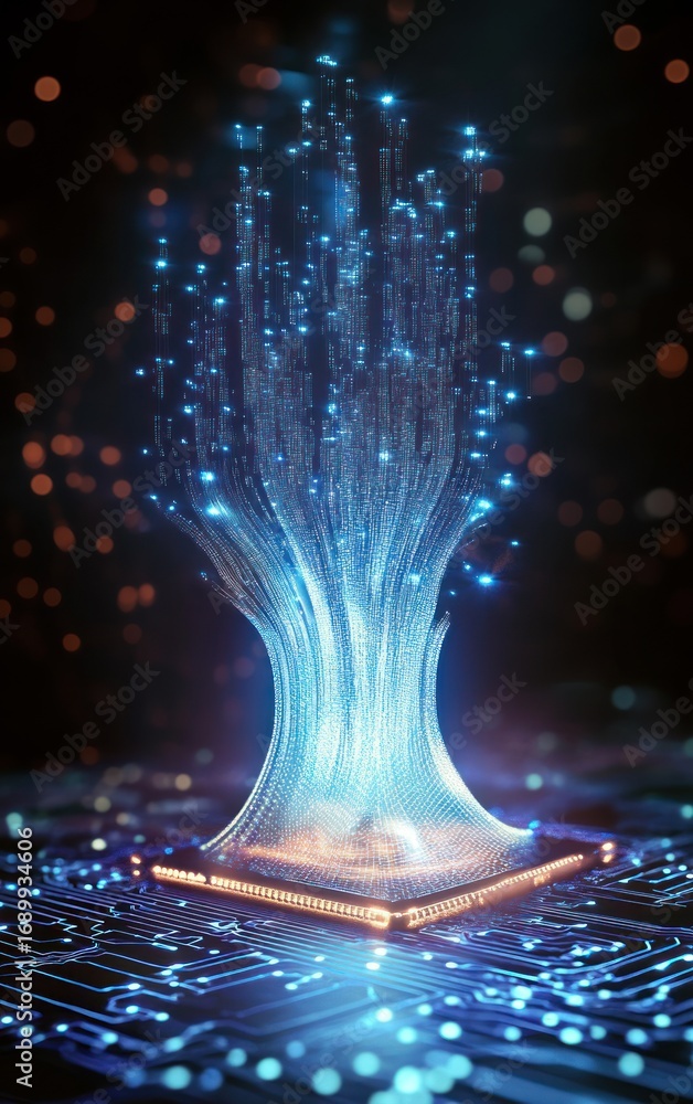 Fototapete glowing digital data streams rising from an illuminated microchip on a circuit board in a dark futur