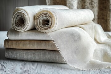 Stack of rolled and folded natural-colored linen fabrics with a rustic texture on wooden surface