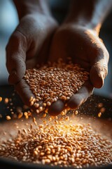 Close-up of hands gently holding and pouring golden grains with warm light highlighting the texture and motion, evoking a sense of care and abundance