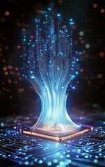 Glowing digital data streams rising from an illuminated microchip on a circuit board in a dark futuristic setting