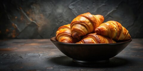 A dark bowl brimming with golden-brown croissants, a delectable treat for a delightful breakfast or a luxurious afternoon snack.