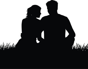 Couple embracing on grass silhouette embrace sitting